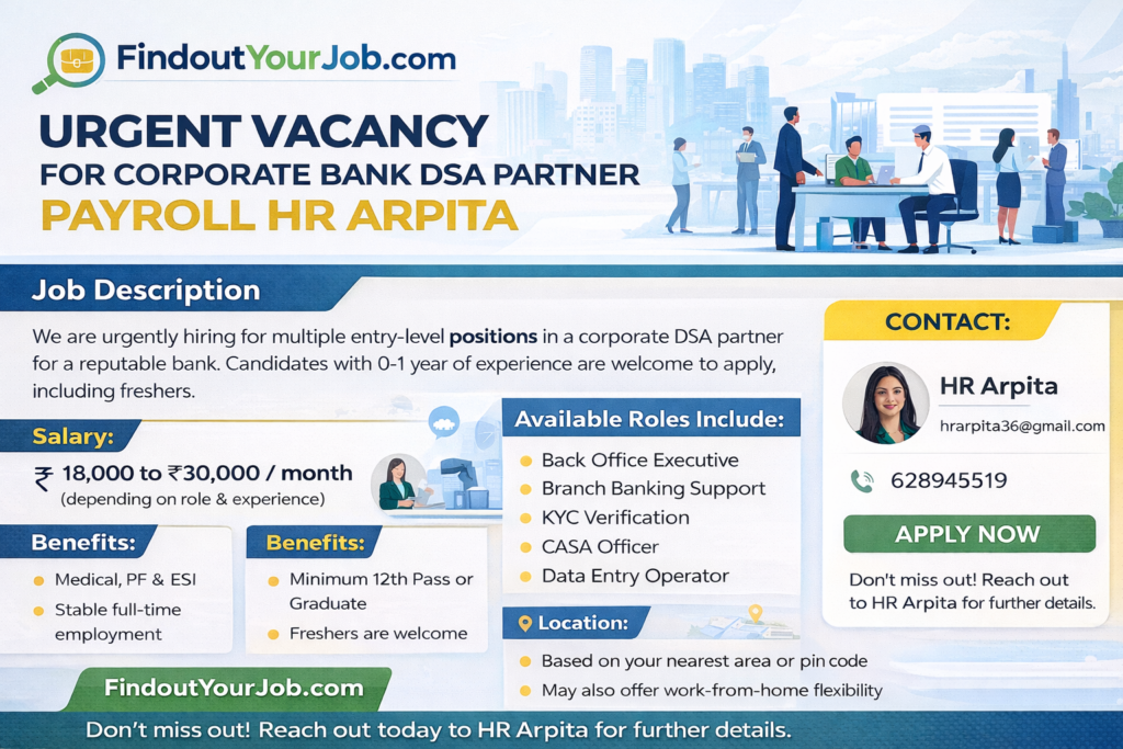 URGENT VACANCY FOR CORPORATE BANK DSA PARTNER PAYROLE HR ARPITA Logo